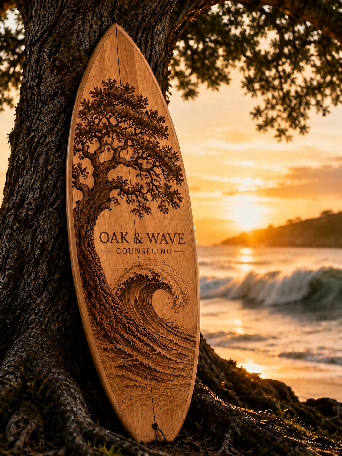 Hand-carved Oak & Wave Counseling surfboard against an oak tree at sunset